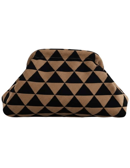 St. Barths La Robe Cabana Clutch in Tan and Black Triangle Print – Front View