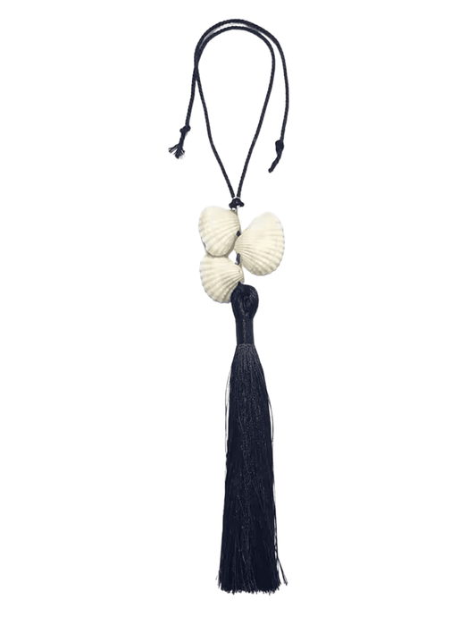 St. Barths La Robe Leah seashell tassel bag charm in black and natural
