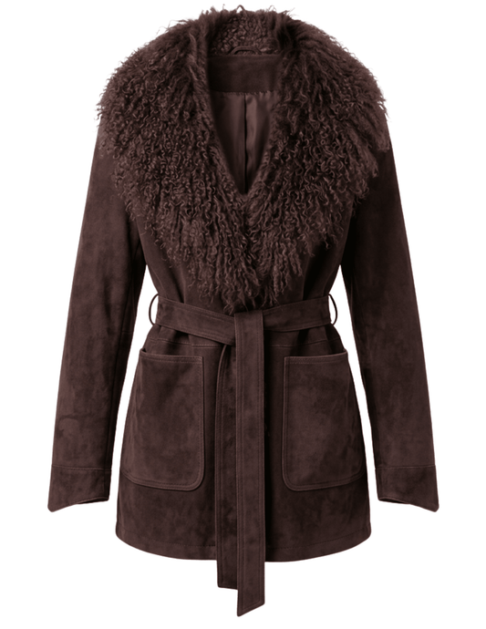 Steven Dann Avery brown suede coat with genuine Mongolian sheep fur collar, tie belt, and patch pockets
