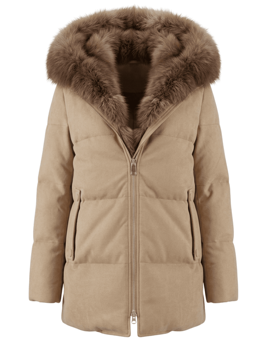 Steven Dann Leona light camel quilted puffer coat with genuine Finnish fox fur hood and front trim