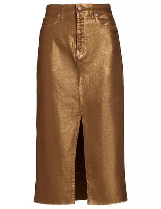 Veronica Beard Victoria metallic denim midi skirt in Antique Brass, statement women’s skirt with a shiny finish and structured mid-length silhouette