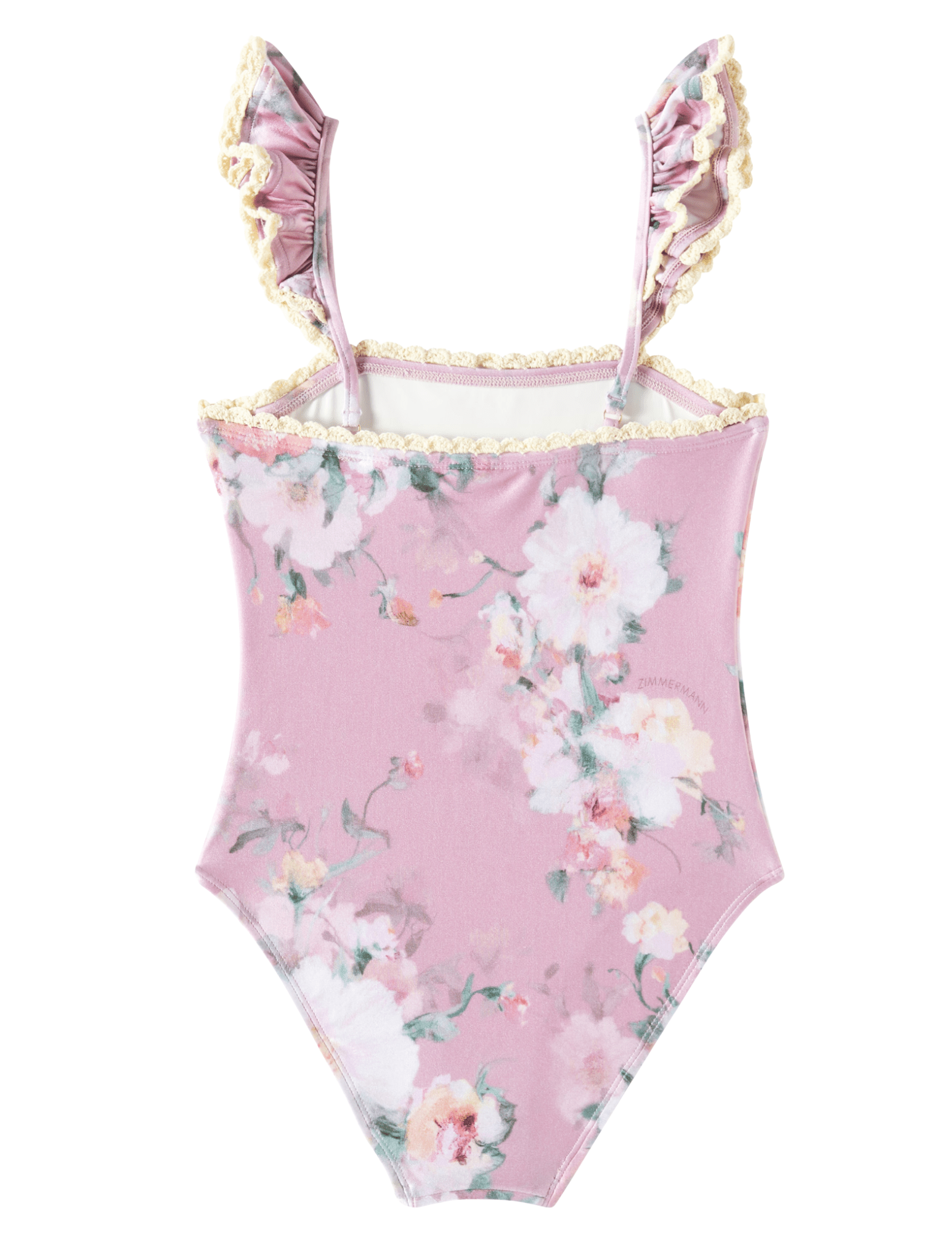 Back view of Zimmermann Everley girl's floral one piece swimsuit square neckline