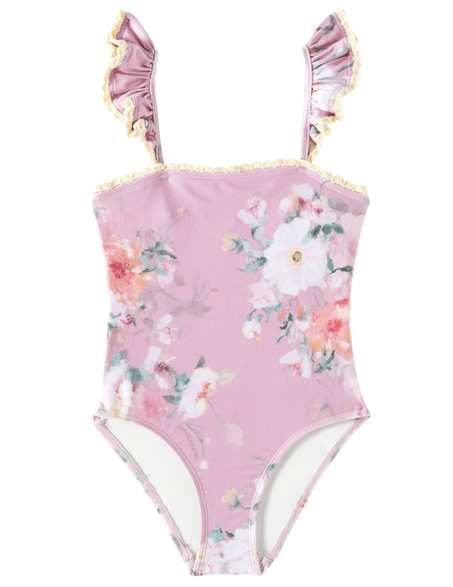 "Zimmermann Everley kid's one piece swimsuit in pink watercolor floral with frill straps and crochet trim