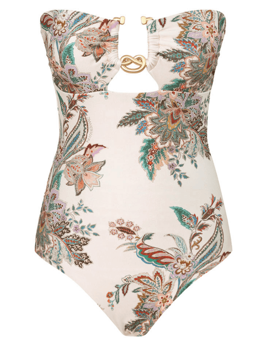 "Zimmermann Rhiannon knot trim one piece swimsuit in cream multi paisley print with sweetheart neckline"