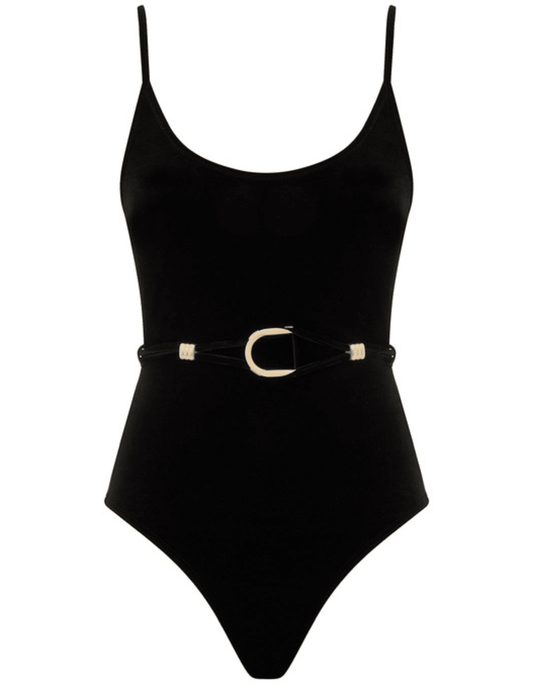 "Zimmermann Rhiannon velvet scoop one piece swimsuit in black with gold buckle belt"