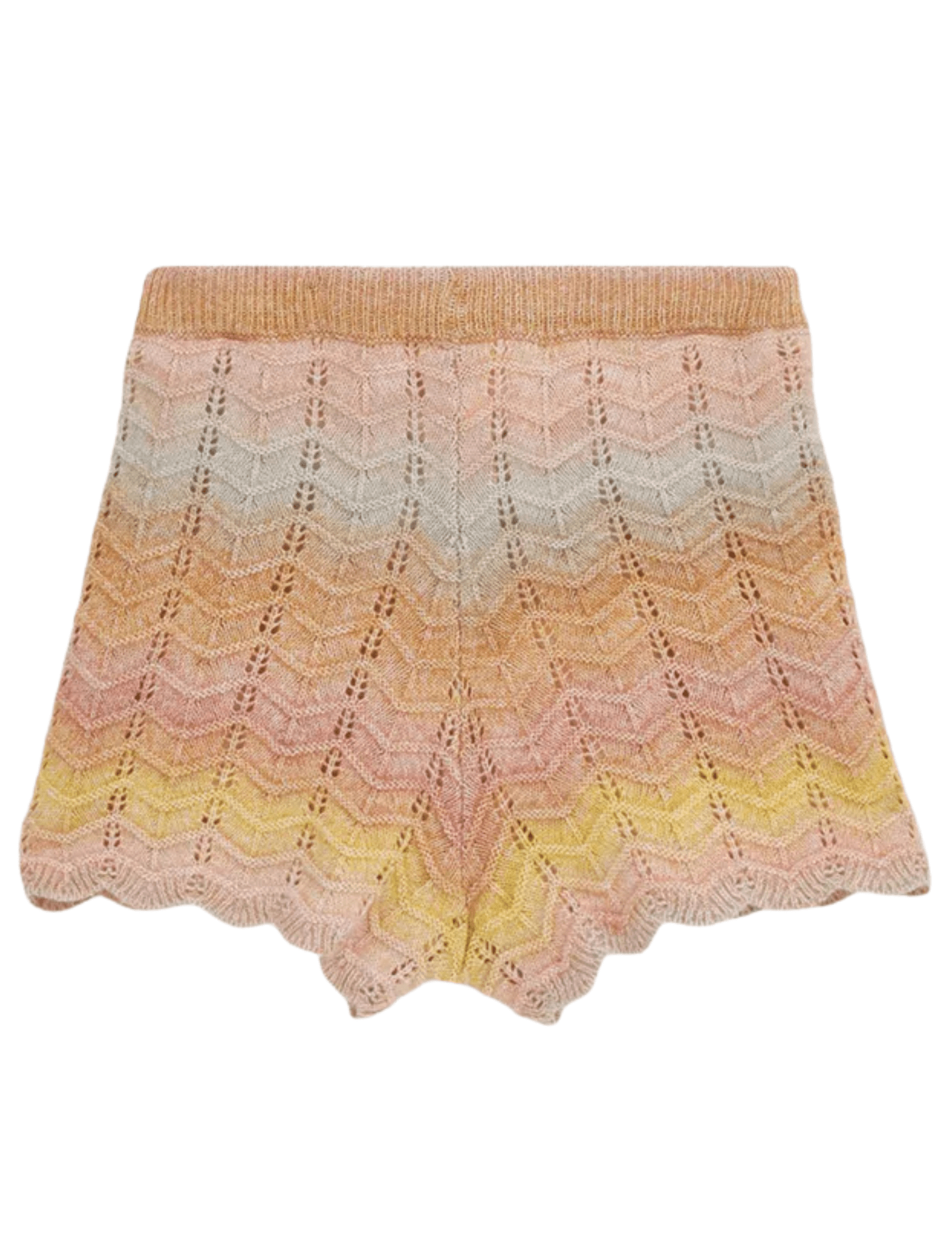 Back view of Zimmermann Tallow chevron knit shorts elasticated waistband multi ombre