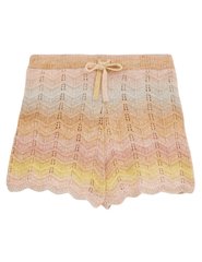Zimmermann Tallow kid's chevron knit shorts in multi ombre showing scalloped hem and fixed bow detail