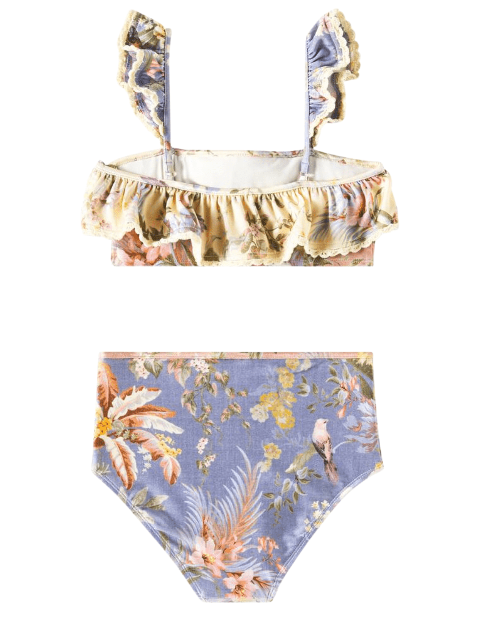 Zimmermann Tallow kid's frill bikini swimsuit in spliced floral with ruffle neckline and scalloped trim back view