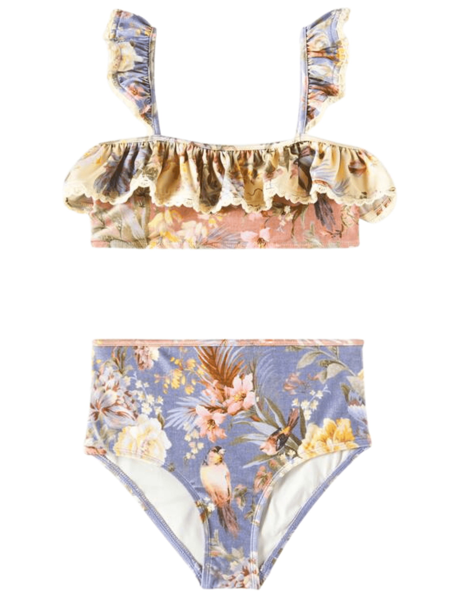 Zimmermann Tallow kid's frill bikini swimsuit in spliced floral with ruffle neckline and scalloped trim