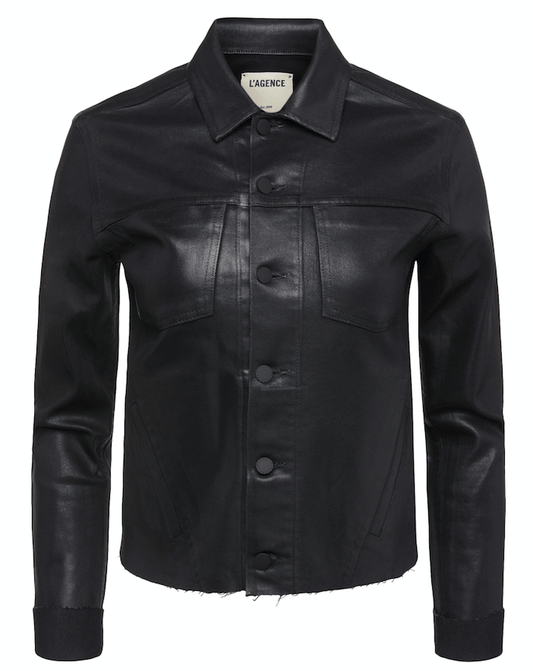L'Agence Janelle Slim Raw Coated Jacket In Saturated Black Coated