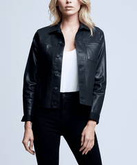Model wearing L’Agence Janelle Slim Raw Coated Jacket Saturated Black – slim fit coated black jacket