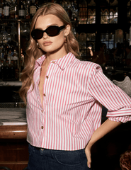 L'AGENCE Cosette Cropped High Low Blouse in Pinktober White Stripe