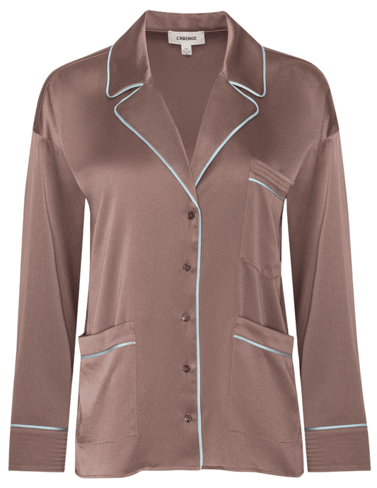 L'Agence - PRE-ORDER-L'AGENCE Mara Satin Blouse in Mocha Tan - Buy Online
