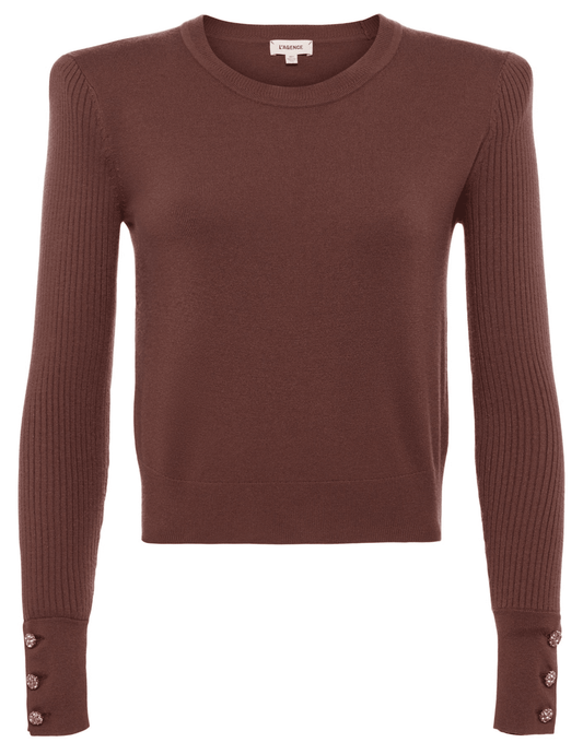 L'Agence Sky Crystal Button Long Sleeve Cropped Crew