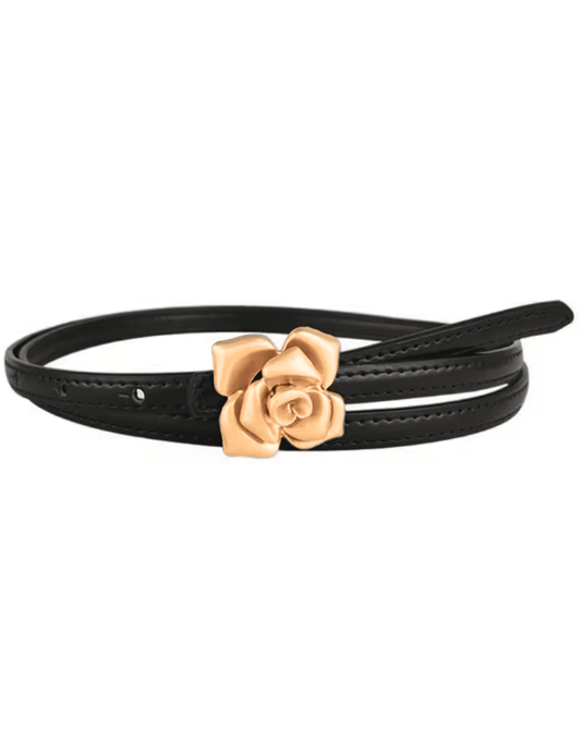 Fleur de Camélia Rosie Leather Buckle Belt in Black