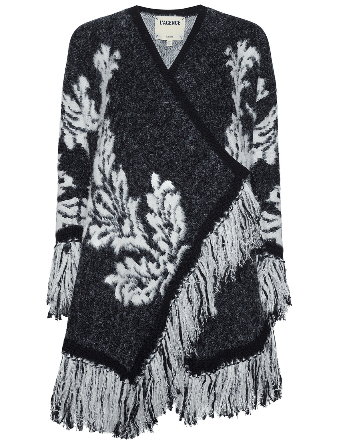 L'AGENCE Naiad Jacquard Fringe Cardigan in Black & Ivory