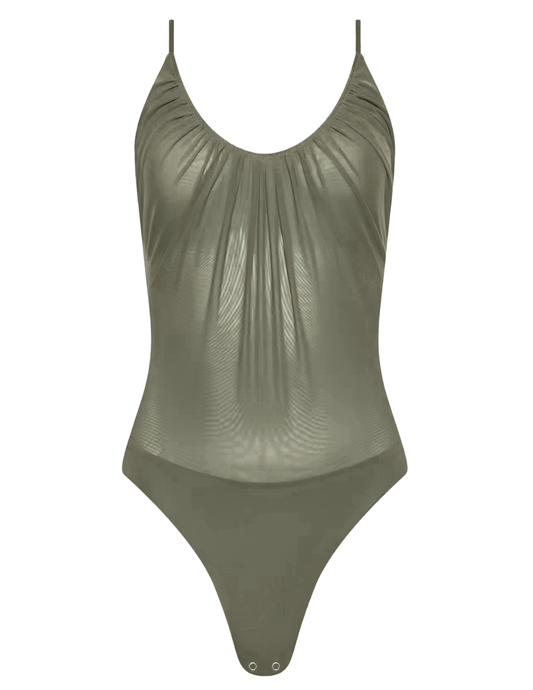PRE-ORDER-L'AGENCE Gelina Ruched Scoop-Neck Bodysuit in Smokey Olive