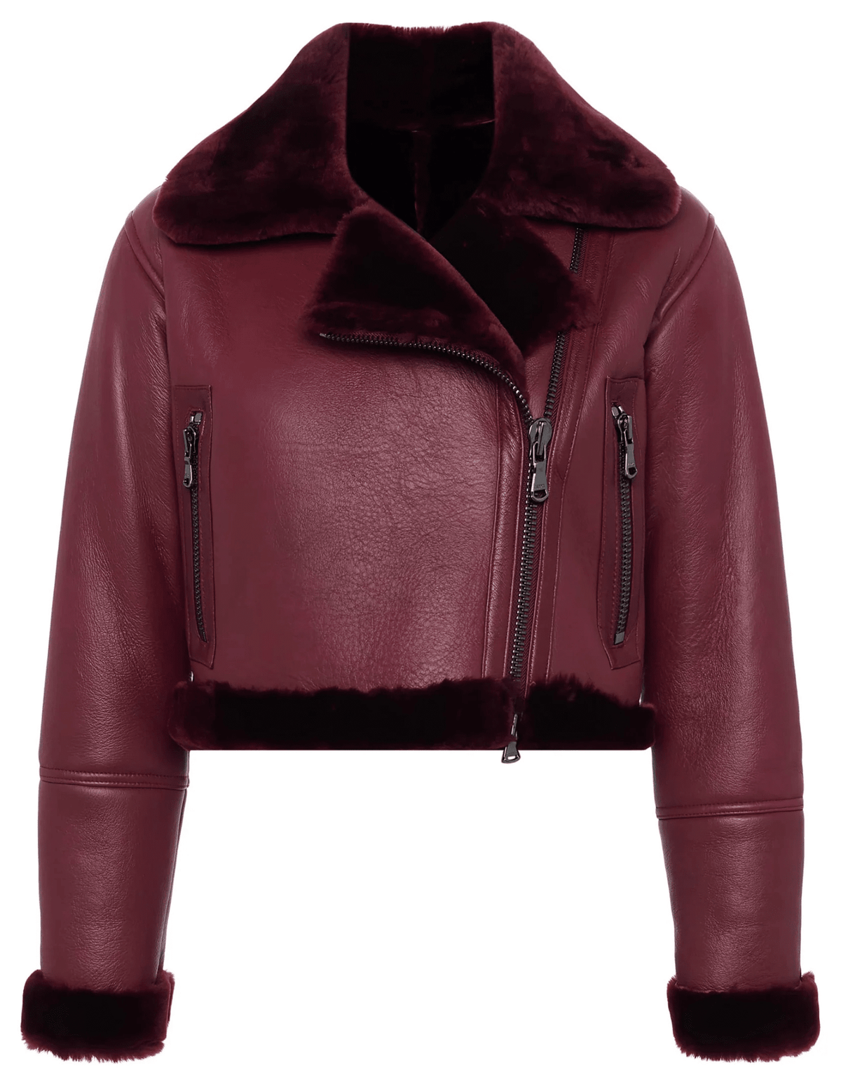 L'AGENCE Pike Cropped Moto Shearling Jacket in Wine
