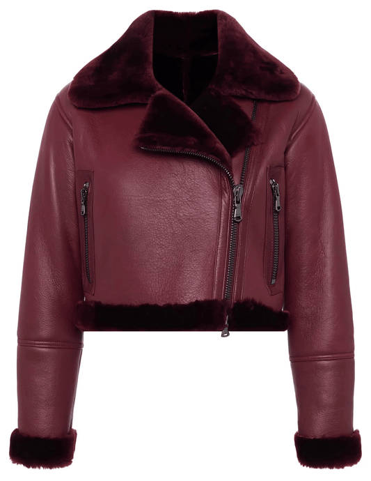 L'AGENCE Pike Cropped Moto Shearling Jacket in Wine