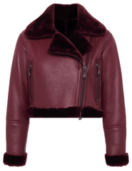 L'AGENCE Pike Cropped Moto Shearling Jacket in Wine