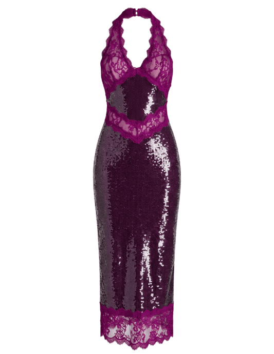 Retrofête - PRE-ORDER-Retrofête Vicky Sequin Lace Halter Dress in Violette - Buy Online
