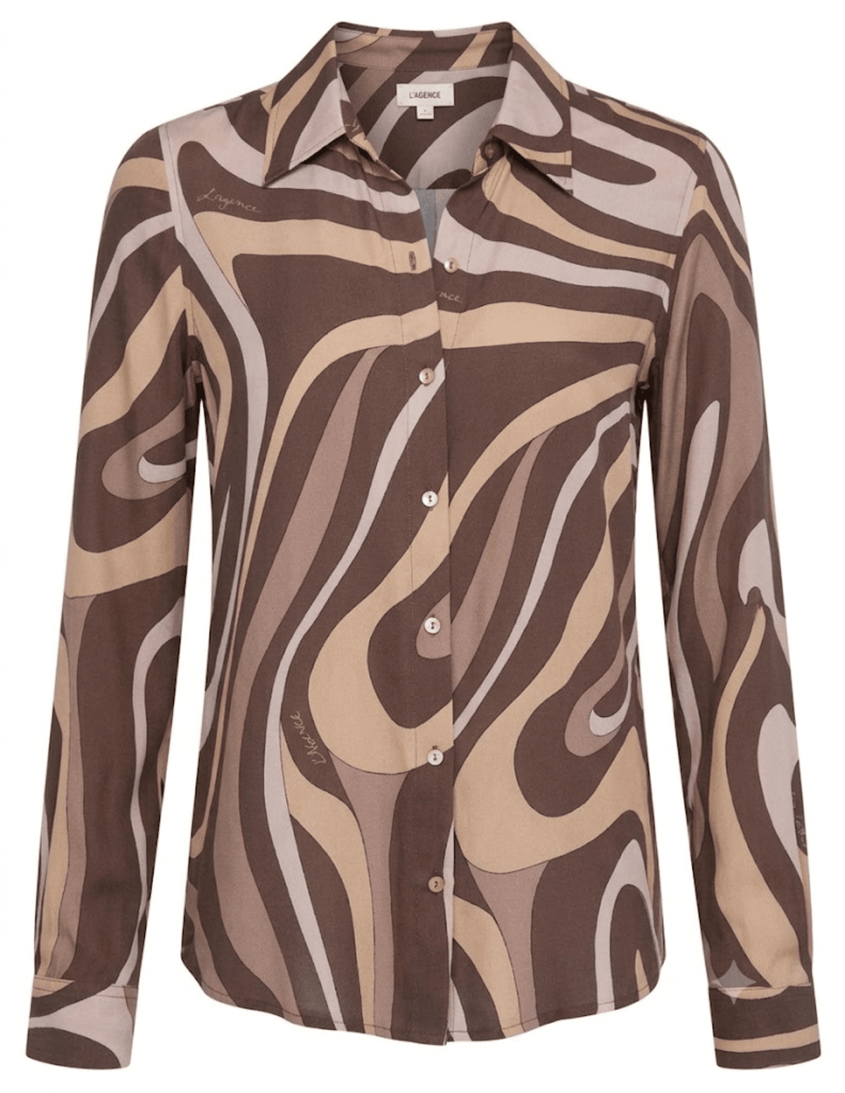 L'AGENCE Nina Long Sleeve Blouse in Sepia Brown Multi Abstract Swirl