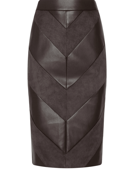L'AGENCE Erma Patchwork Chevron Midi Skirt in Dark Brown