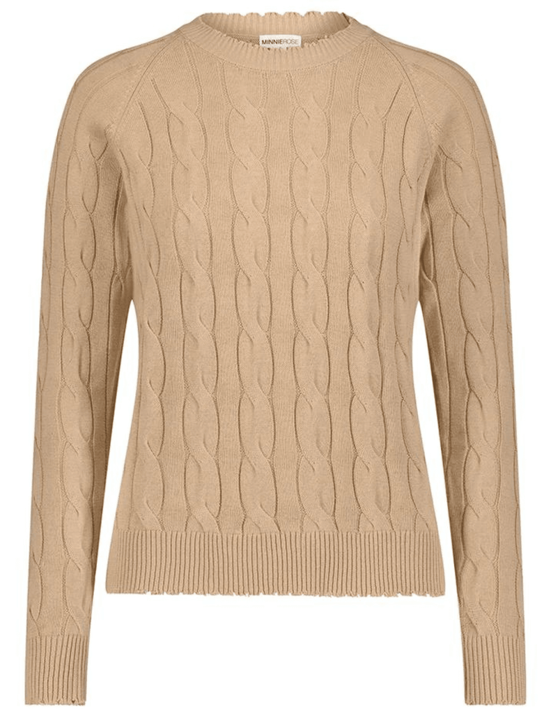 Minnie Rose Cotton Cable Long Sleeve Frayed Edge Crew
