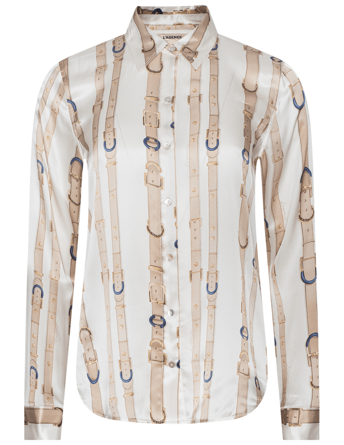 PRE-ORDER-L’AGENCE Tyler Long Sleeve Blouse in Ecru Multi Stud Belt Stripe