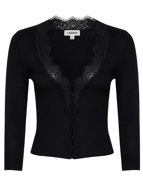 L'AGENCE Eluna Lace Trim Cardigan in Black | Steven Dann