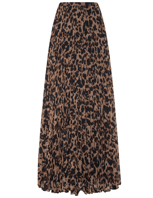 PRE-ORDER-L'AGENCE Torin Pleated Maxi Skirt in Brown Multi Amur Leopard