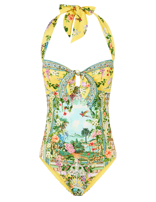 PRE-ORDER-Camilla Tie Front Halter One Piece With Gathered Sides