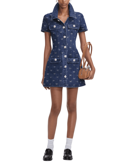 PRE-ORDER-Self-Portrait Denim Diamante Bow Collared Mini Dress