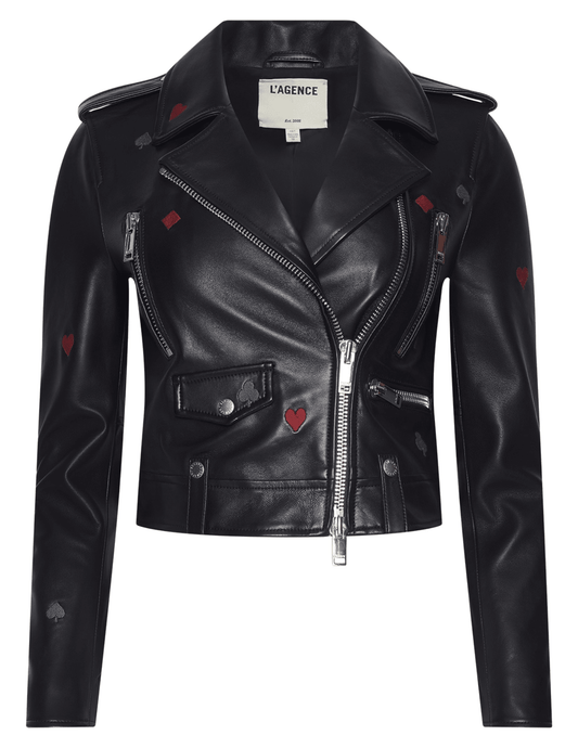 PRE-ORDER-L'AGENCE Blakely Embroidered Biker Leather Jacket in Black