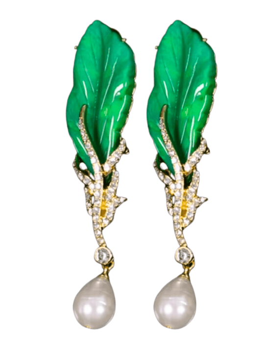 PRE-ORDER-Fleur de Camélia Embellished Leaf Pearl Dangle Earring