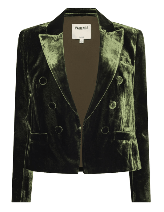 L'AGENCE Brooke Velvet Double Breasted Cropped Blazer in Deep Olive-SALE