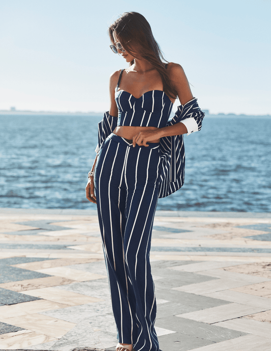 L'Agence - PRE-ORDER-L'AGENCE Ellery Long Sleeve Button Blouse in Midnight White Spaced Out Stripe - Buy Online