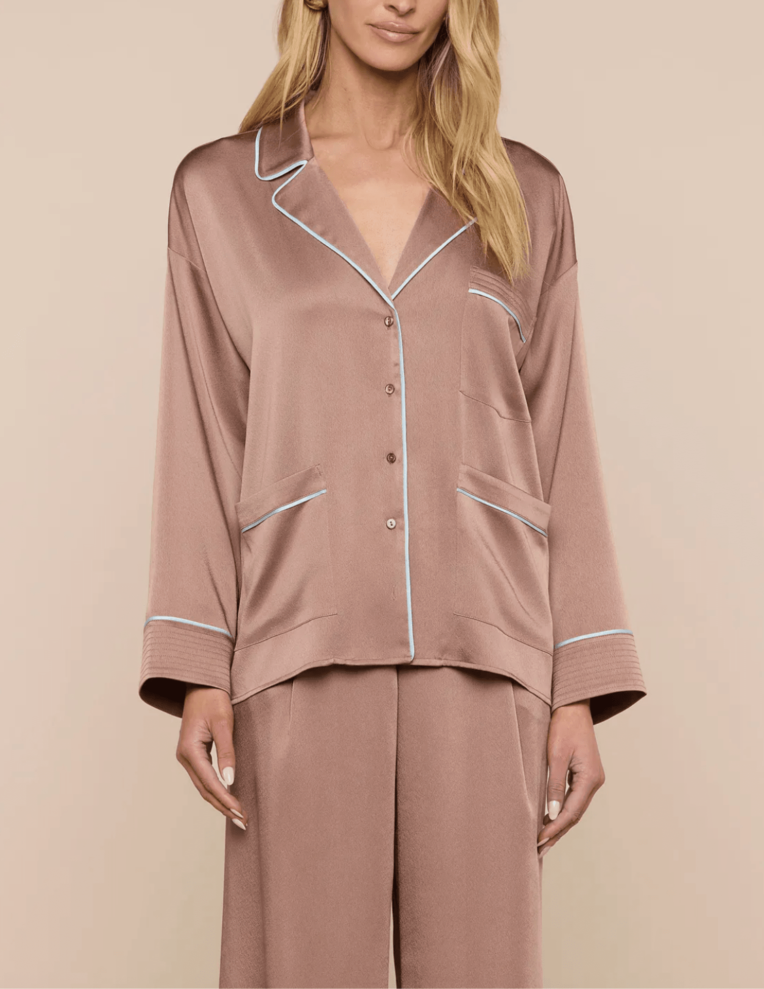 L'Agence - PRE-ORDER-L'AGENCE Mara Satin Blouse in Mocha Tan - Buy Online