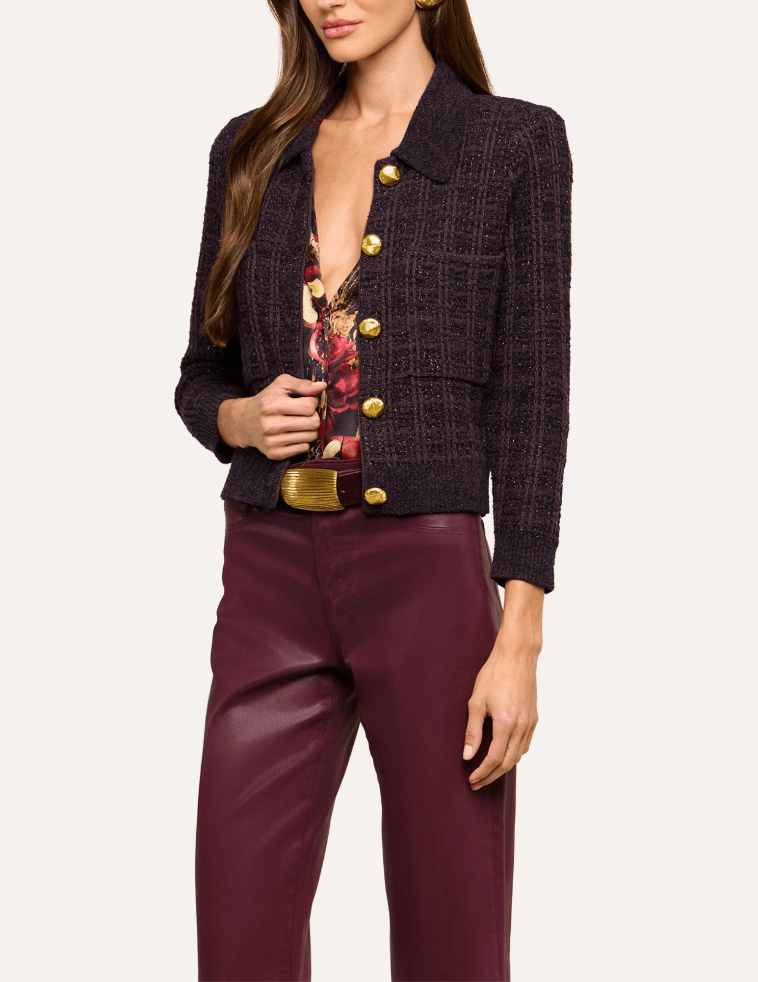 L'Agence - L'AGENCE Morrigan Tweed Cardigan in Dark Java Black Burgundy - Buy Online