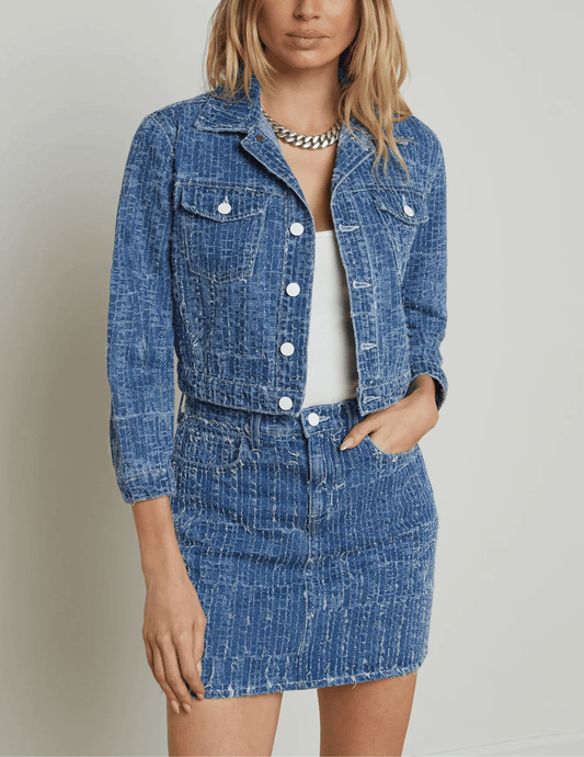 L'Agence Koda Cropped Textured Denim Jacket