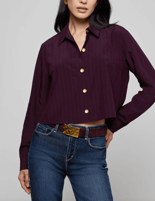 L'Agence - L'AGENCE Cosette Cropped High Low Blouse in Dark Malbec Pinstripe - Buy Online