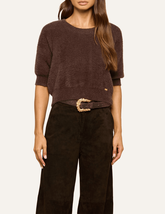 L'AGENCE Guinevere Short Sleeve Crop Sweater in Dark Java