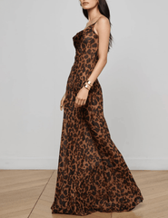 PRE-ORDER-L'AGENCE Christine Cowl Neck Maxi Dress in Brown Multi Amur Leopard