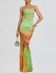 PRE-ORDER-Retrofête Isadore Mesh Strapless Maxi Dress in Pera Brushstroke