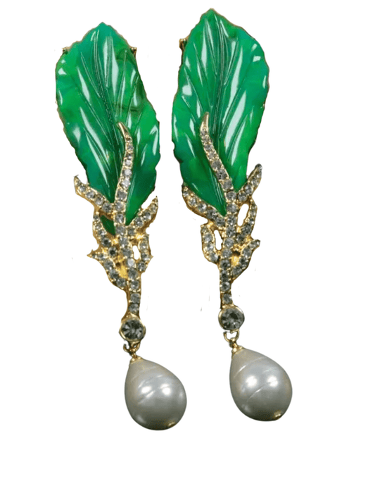 PRE-ORDER-Fleur de Camélia Embellished Leaf Pearl Dangle Earring