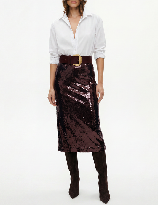 PRE-ORDER-L’AGENCE Makena Sequin Pencil Skirt in Dark Espresso