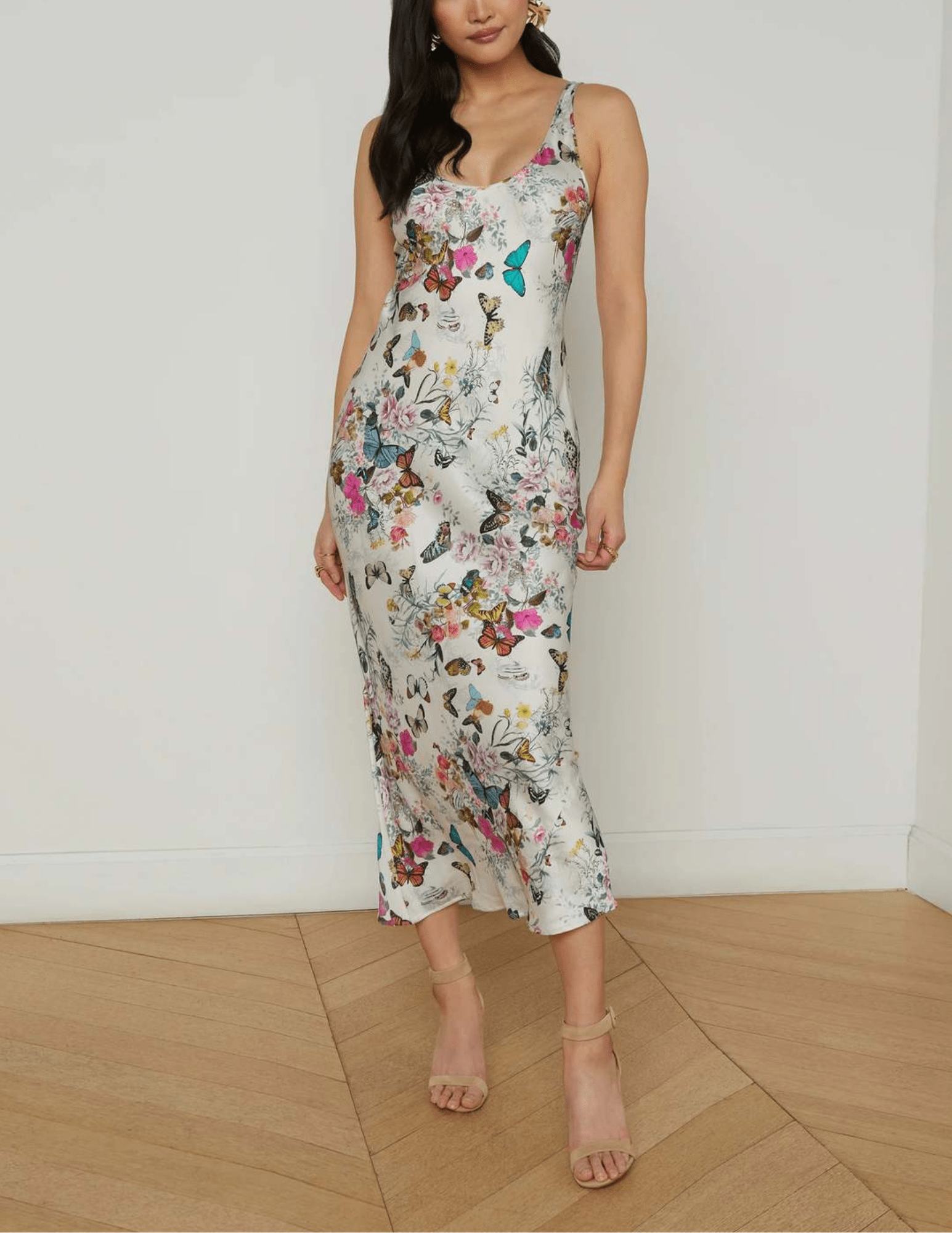 L'Agence - L'AGENCE Akiya Scoop Neck Midi Dress in Vintage White Multi Charonda Butterly-SALE - Buy Online