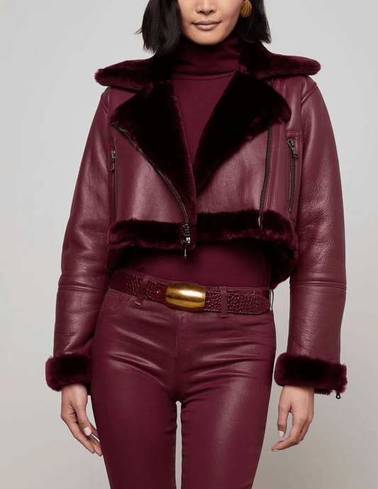 L'Agence - L'AGENCE Pike Cropped Moto Shearling Jacket in Wine - Buy Online