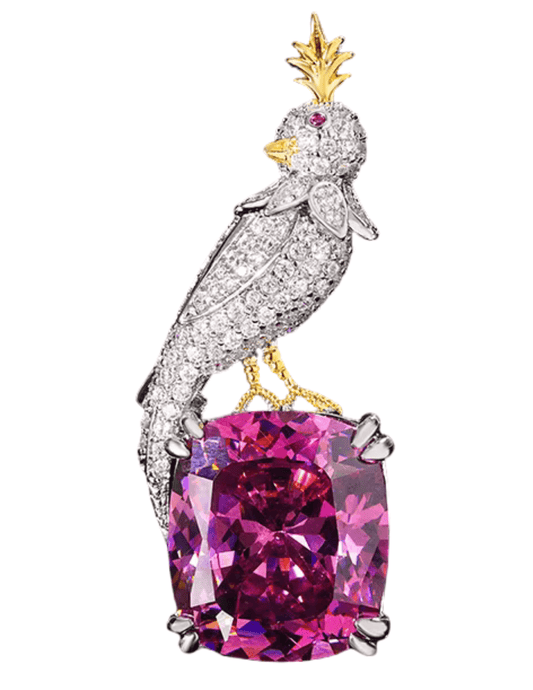 PRE-ORDER-Fleur de Camélia Taya Rhinestone Bird on Rock Brooch in Fuchsia