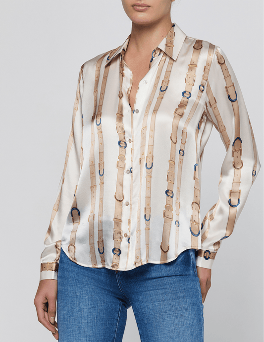 PRE-ORDER-L’AGENCE Tyler Long Sleeve Blouse in Ecru Multi Stud Belt Stripe